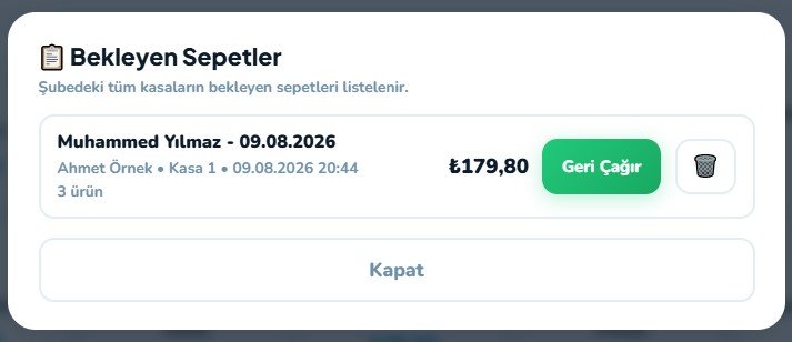 Bekletilen sepetler listesi: açık sepetler ve çağırma düğmeleri